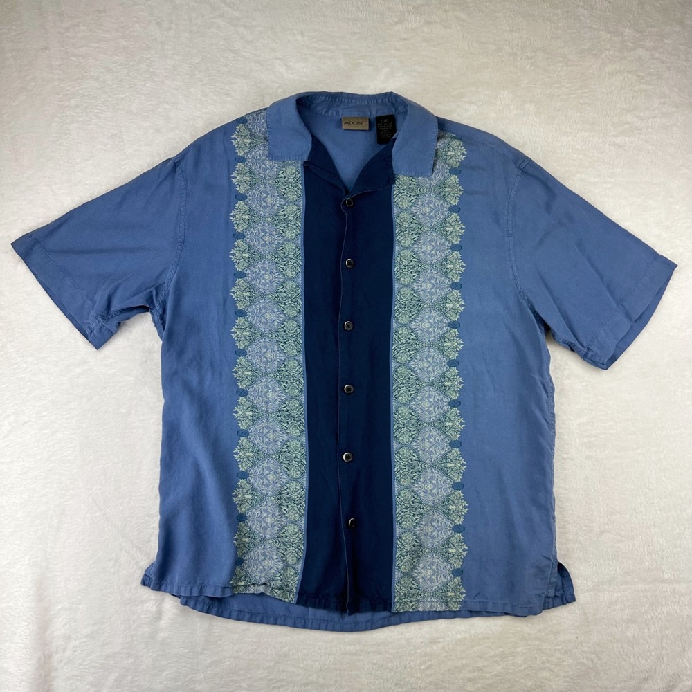 Axist Button Down Mens Large Blue Camp‎ Relaxed L Blue VTG 100% Silk Panel Shirt